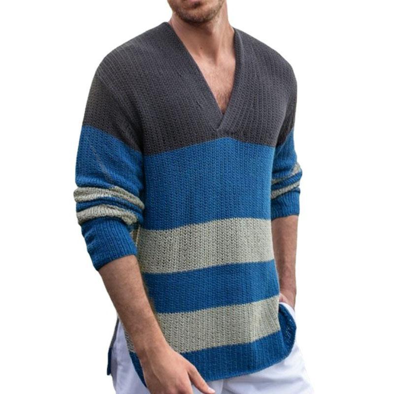 Men's V-Neck Contrast Striped Long Sleeve Thick Knit Sweater 48902804M