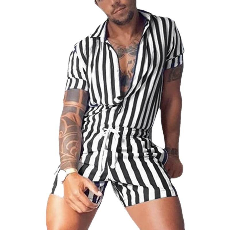 Men's Fashion Lapel Stripe Shorts Overall 00603333M