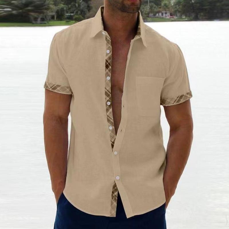 Men's Casual Plaid Stitching Lapel Short Sleeve Shirt 05552552Y