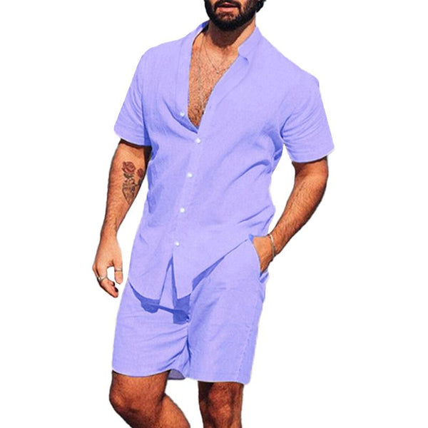 Men's Casual Vacation Solid Color Short Sleeve Shirt Shorts Beach Set 10589830M