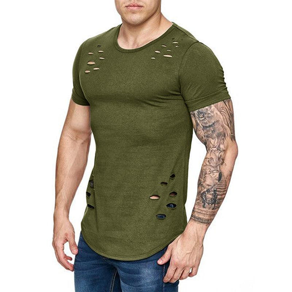 Men's Slim-fit Solid Color Round Neck Ripped Short-sleeved T-shirt 10376090X