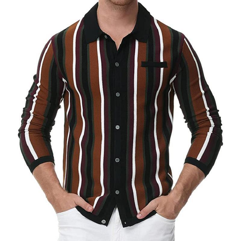 Men's Lapel Striped Jacquard Long Sleeve Knitwear 70348053M