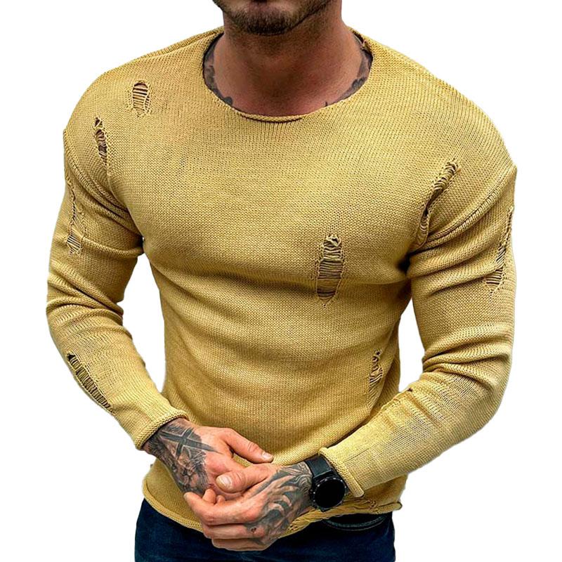 Men's Leisure Round Neck Hole Knit Long Sleeved Sweater 32967035M