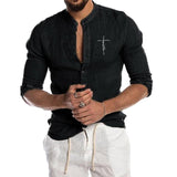 Men's Solid Color Stand Collar Linen Cardigan Long Sleeve Shirt 59380621X