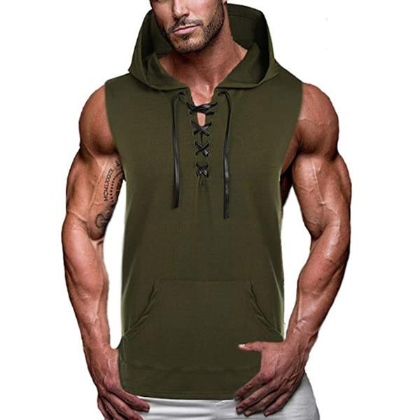 Men's Casual Hooded Solid Color Lace-Up Tank Top 44630439M