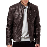 Men's Stand Collar Slim Fit Zip Pocket Leather Jacket 11770989M