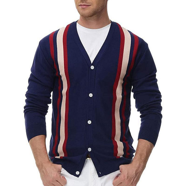 Pull cardigan rayé en tricot à boutonnage simple pour homme 08477989X
