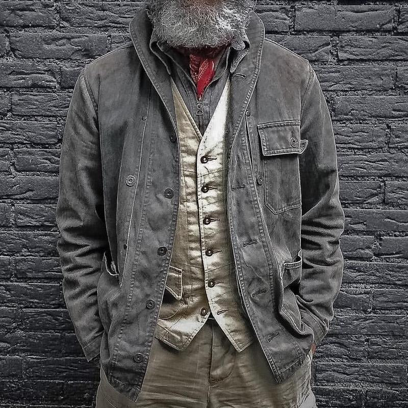 【Envío en 24 horas】Chaqueta estampada multibolsillos de color liso vintage para hombre 14680018X