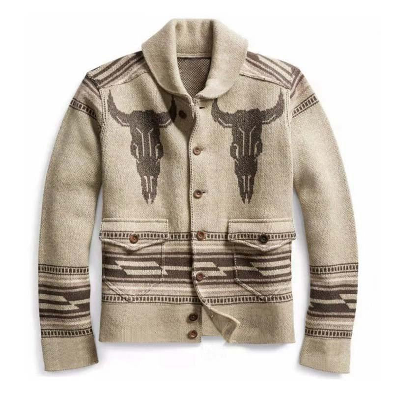 Chaqueta tipo cárdigan de punto jacquard vintage con solapa para hombre 26382727M