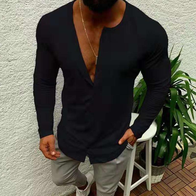 Men's Solid Color Long Sleeve Round Neck Button T-Shirt 19603398X