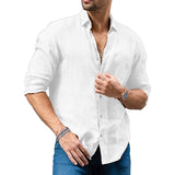 Men's Casual Solid Color Cotton Linen Lapel Long Sleeve Shirt 45043443M