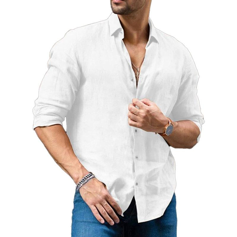Men's Casual Solid Color Cotton Linen Lapel Long Sleeve Shirt 45043443M