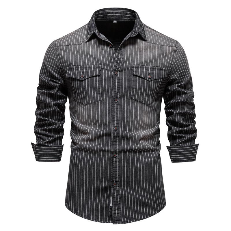 Men's Washed Distressed Striped Denim Shirt 98861733X