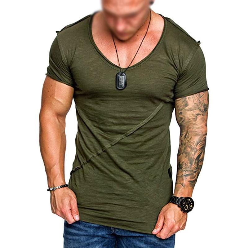 Men's Casual Stitching Solid Color V-Neck Short-Sleeved T-Shirt 36873241Y