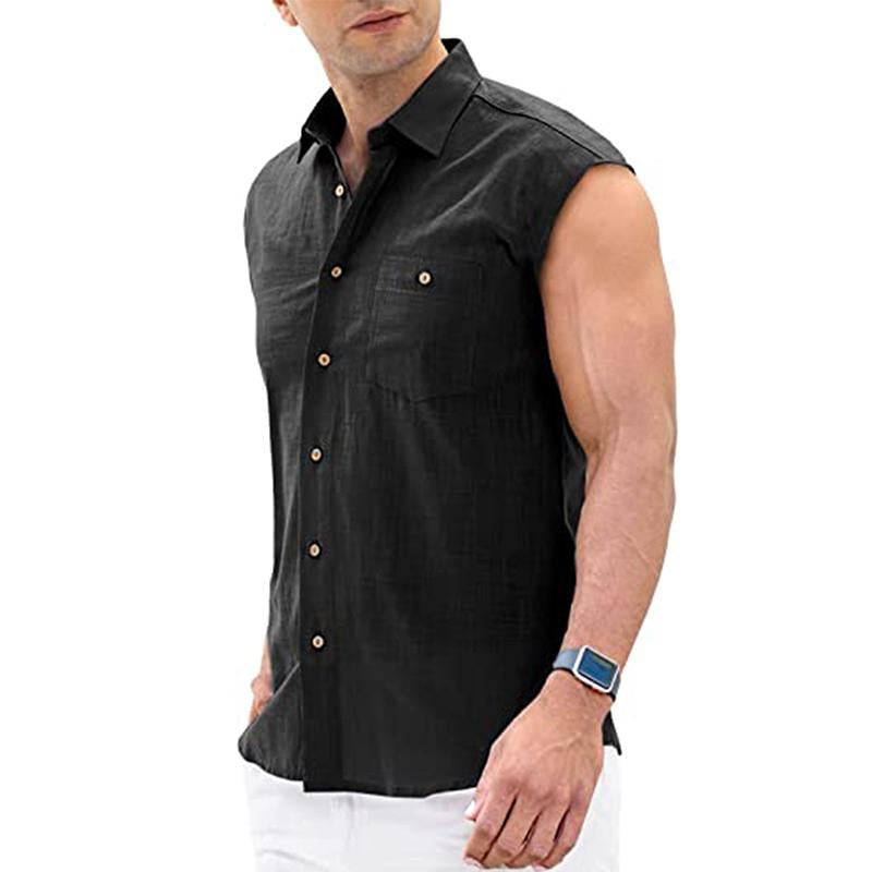 Men's Casual Lapel Sleeveless Plain Shirt 49941883M