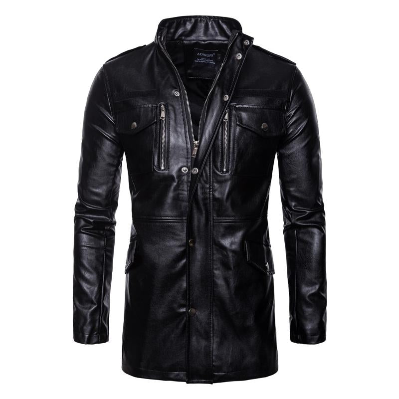 Men's Solid Color Stand Collar Leather Motor Jacket 40794811X