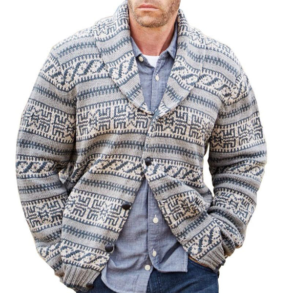 Men's Retro Jacquard Lapel Thickened Long Sleeve Sweater Jacket 61480859M