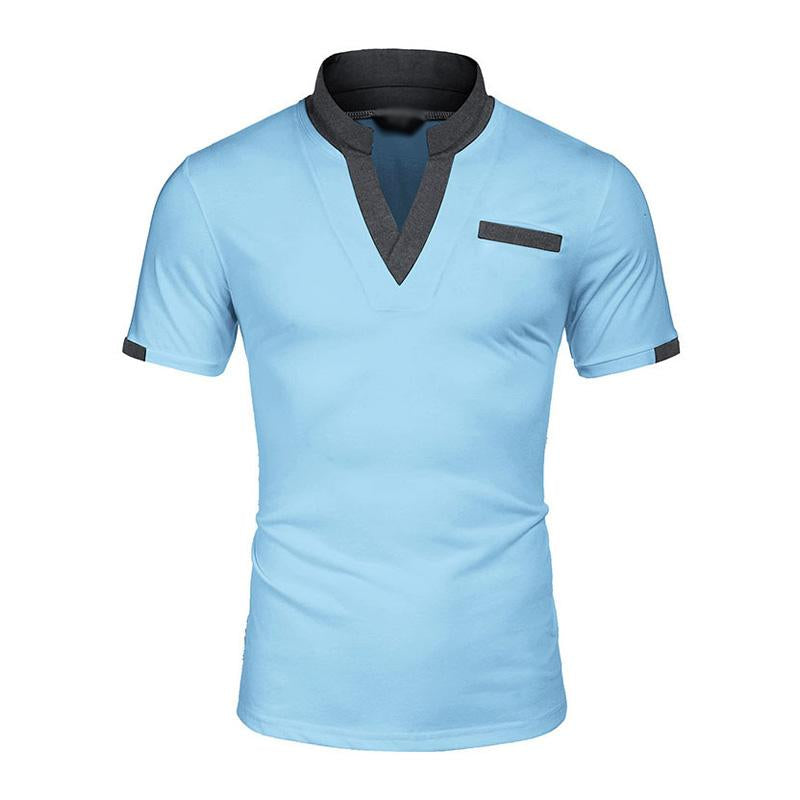 Men's Casual V-neck Color Block Short Sleeved Polo Shirt 87605960M