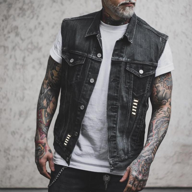 Men's Vintage Motorcycle Skull Print Motorcycle Denim Vest 61636733Y