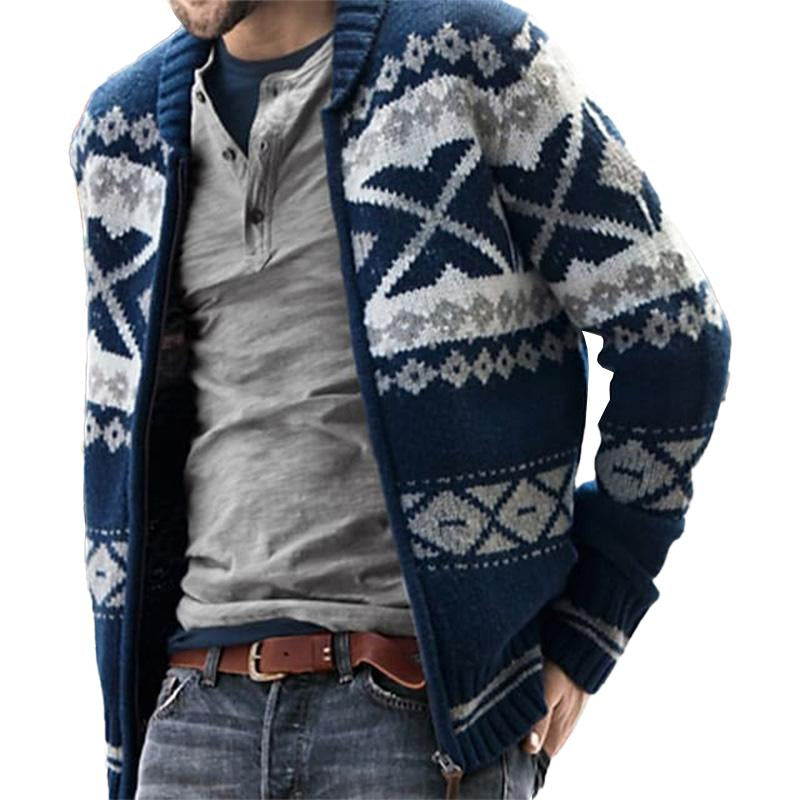 Men's Vintage Jacquard Lapel Zipper Knitted Cardigan 35796254M