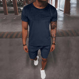 Men's Solid Color Round Neck Short Sleeve Shorts Two-Piece Set 87271703X