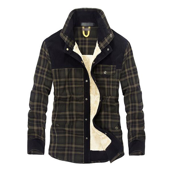 Men's Washed Cotton Plaid Lapel Fleece Thermal Jacket 14246512M
