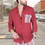 Men'S Casual Summer Color Contrast Stitching Lapel Long-Sleeved Shirt 82610754M