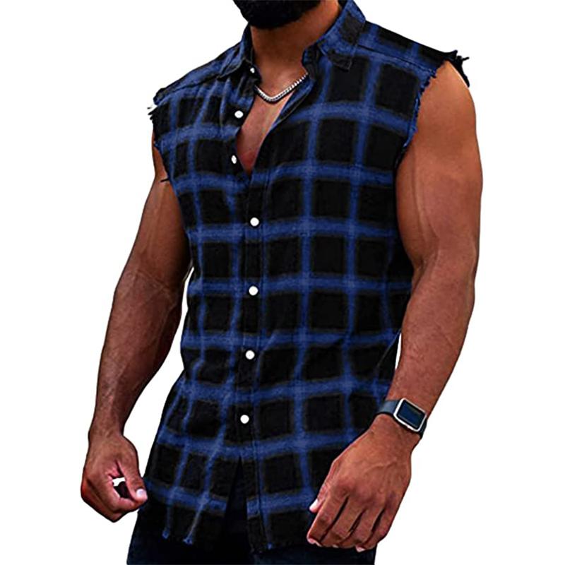 Men's Fashion Plaid Lapel Sleeveless Shirt 55411001M