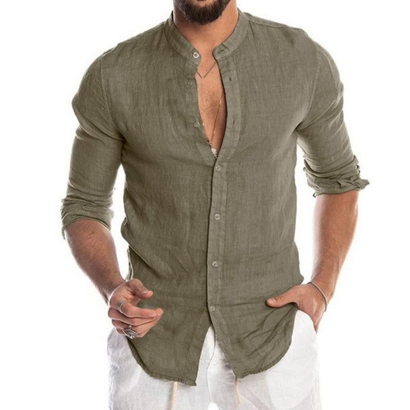 Men's Solid Color Linen Stand Collar Shirt 56820745X