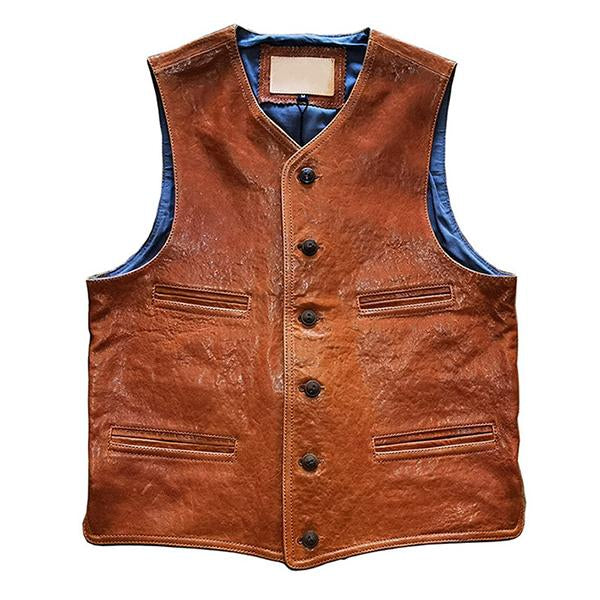 Mens Vintage Single Breasted Leather Vest M40 Khaki / M Vests