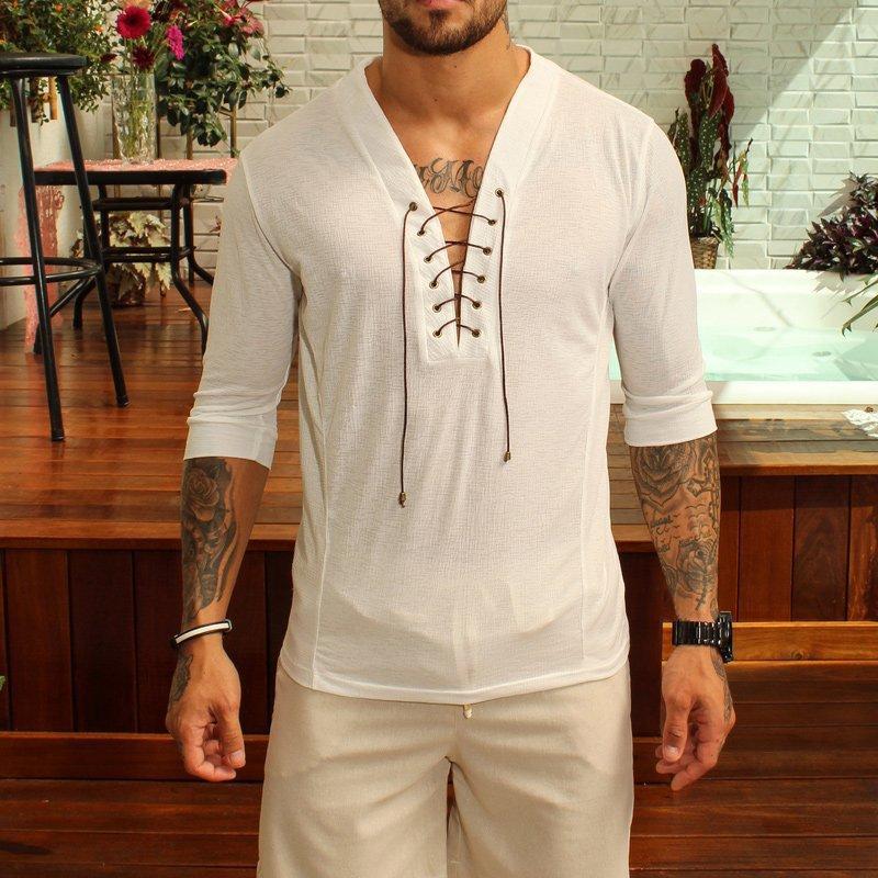 Men's Casual Loose V Neck Tie Half Sleeve T-Shirt 43776677M
