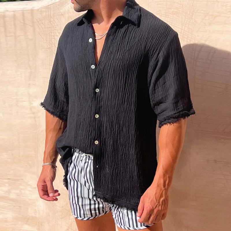 Men's Casual Solid Color Cotton Linen Short Sleeve Shirt 36912109Y