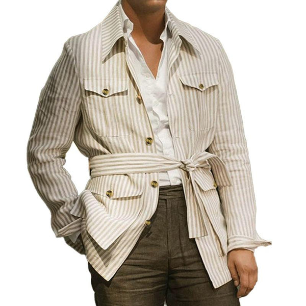 Men's Casual Striped Multi Pocket Long Sleeve Thin Shirt 36967615M