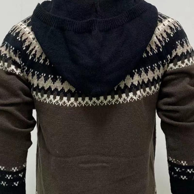 Men's Jacquard Hooded Long Sleeve Zip Cardigan Sweater 82887006X
