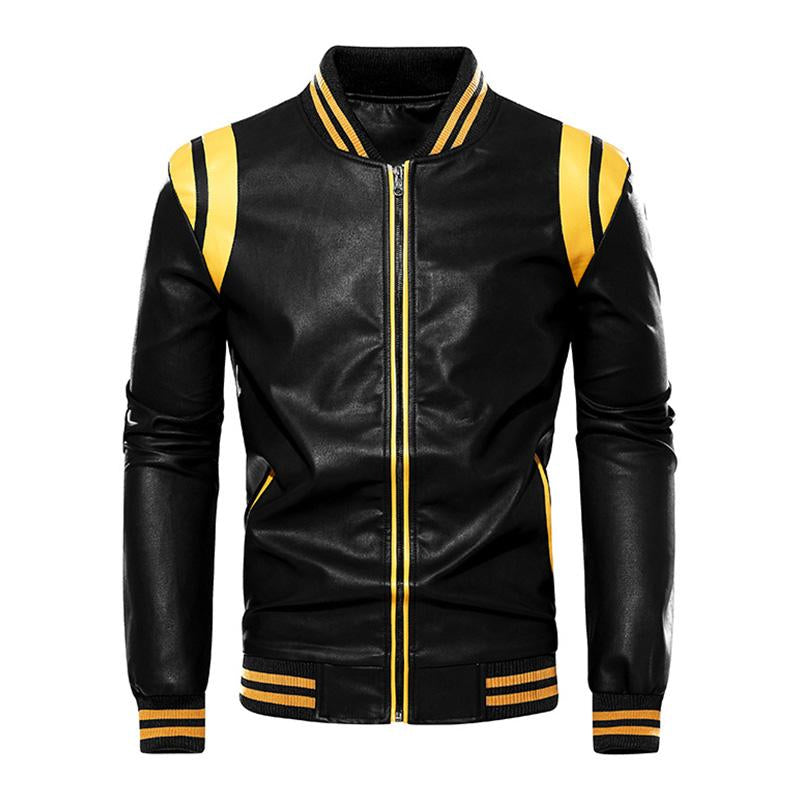 Men's Casual Color Contrasting Plush Leather Baseball Jacket 86960165M