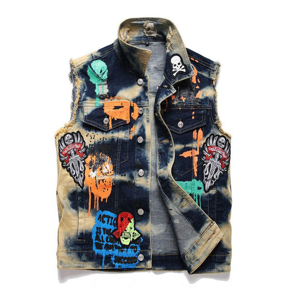 Men's Casual Washed Embroidery Print Lapel Collar Loose Denim Vest 39872810M
