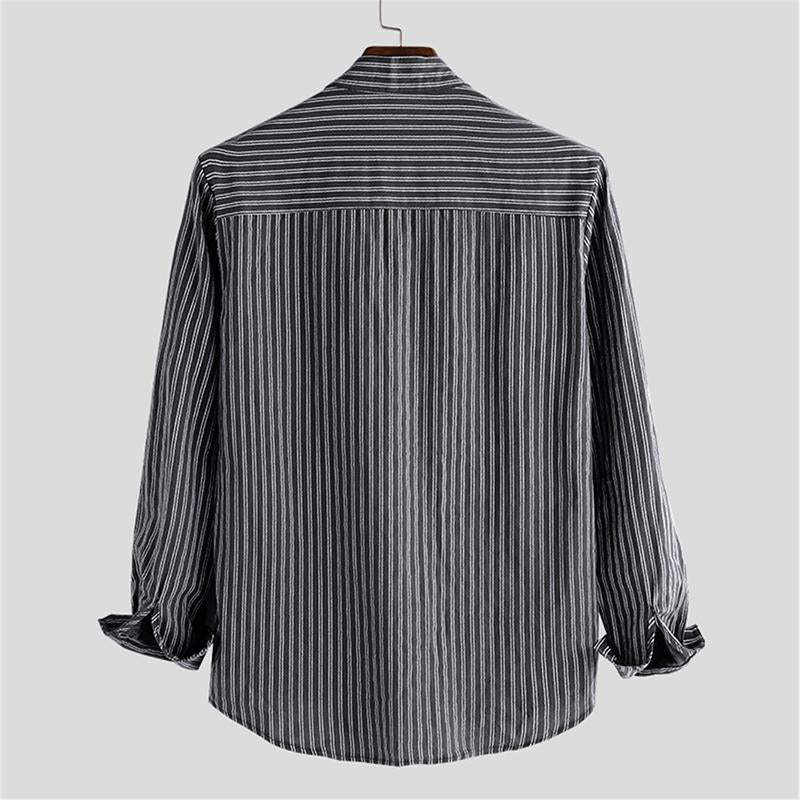 Men's Casual Stand Collar Striped Long Sleeve Shirt 08417798M
