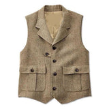 Mens Single Breasted Lapel Collar Flap Pocket Vest M121 Light Khaki / M Vests