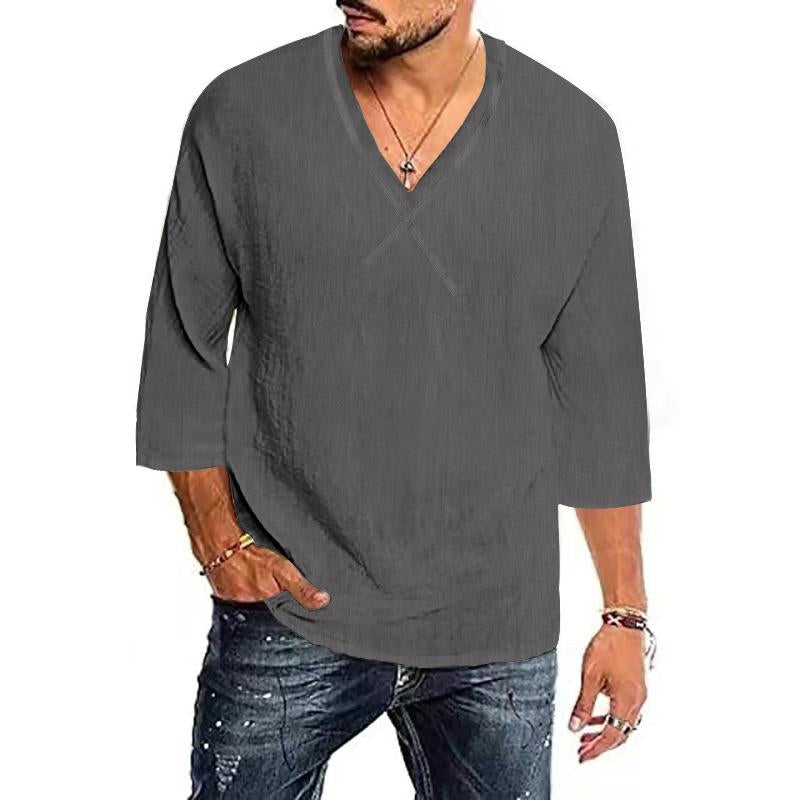Men's Casual Solid Color Cotton And Linen V -Neck Shirt 94014278Y