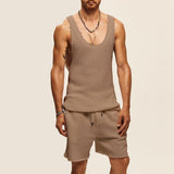 Men's Casual Solid Color Knit Sleeveless Tank Top Shorts Set 94271477Y