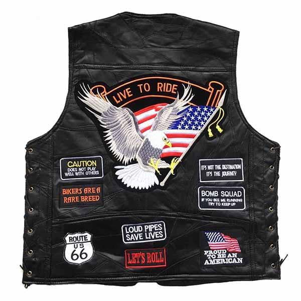Mens Embroidered Badge Leather Biker Vest 34397283A Black / S Vests