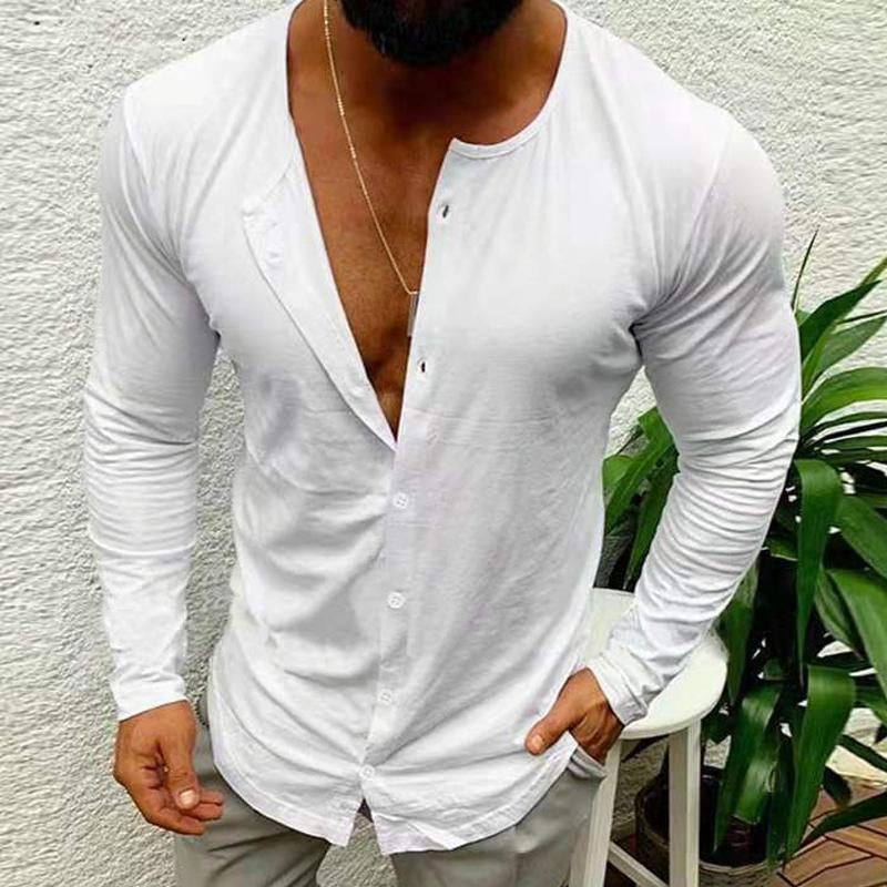 Men's Solid Color Long Sleeve Round Neck Button T-Shirt 19603398X
