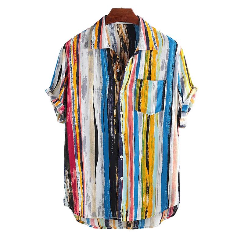 Men's Casual Loose Striped Printed Short Sleeve Shirt 12479951M