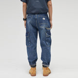 Men's Vintage Washed Multi-Pocket Loose Cargo Denim Straight Pants 51679875M