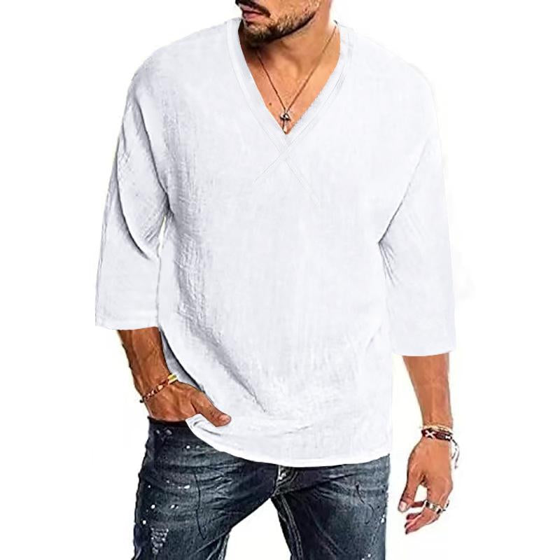 Men's Casual Solid Color Cotton And Linen V -Neck Shirt 94014278Y