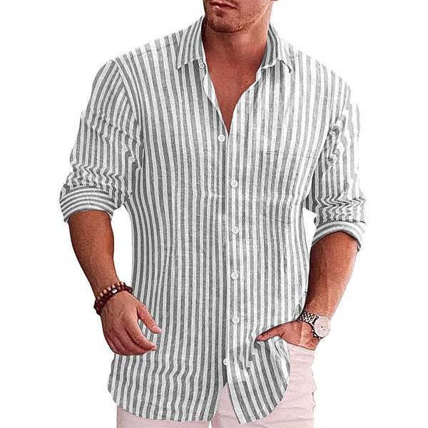 Men's Casual Lapel Striped Long Sleeve Shirt 22151711M