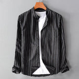 Men's Casual Stand Collar Striped Long Sleeve Shirt 08417798M