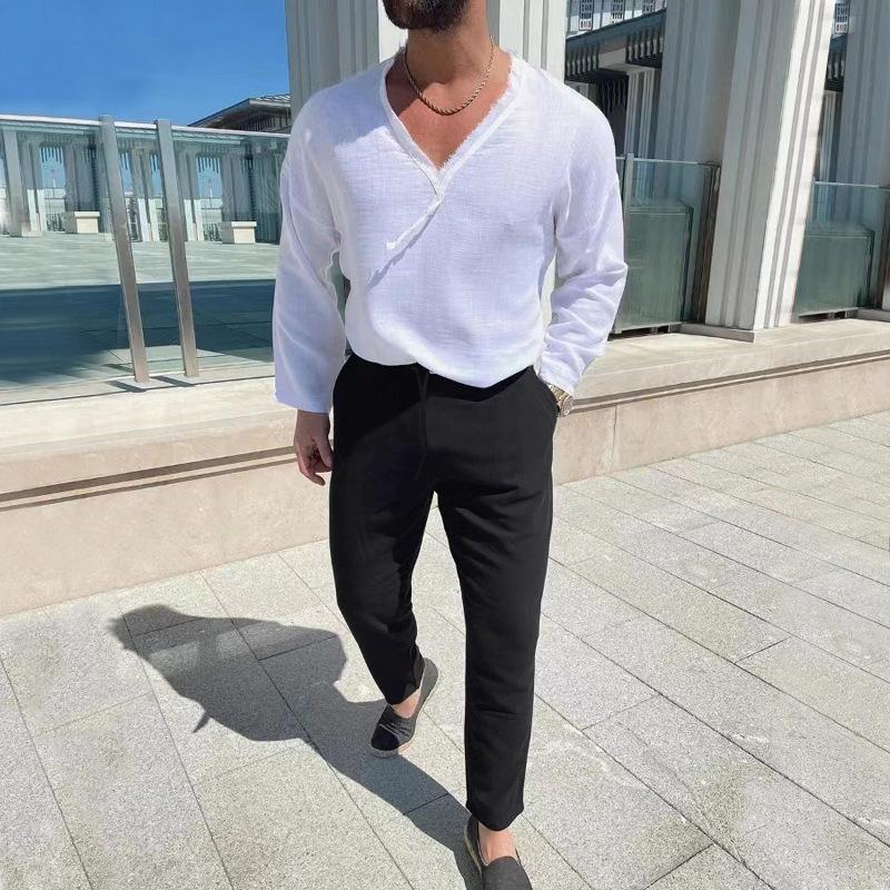 Men's Cotton Linen V Neck Long Sleeve Tee Trousers Set 86863989Z