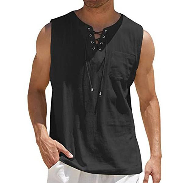 Camiseta sin mangas con cordones y cuello alto de lino para hombre 29715298M