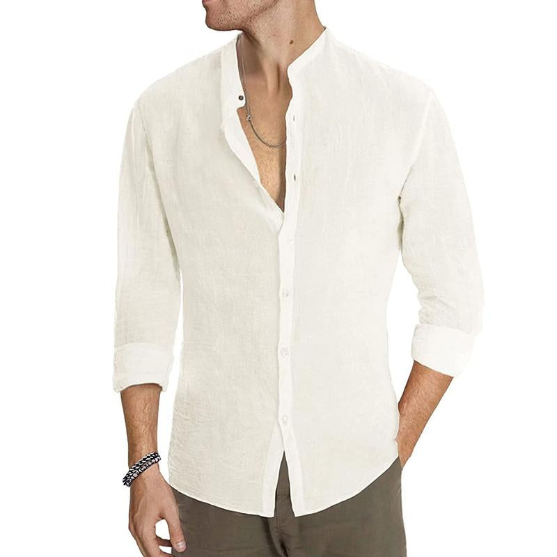 Men's Casual Stand Collar Solid Color Slim Button Long Sleeve Shirt 83861552M